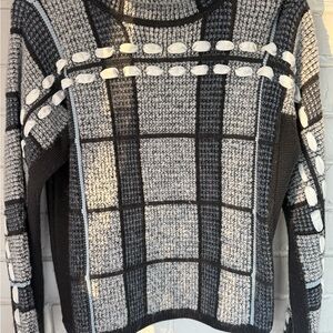 Club Monaco Black and Gray White Ribbon Patterned Sweater Size XS